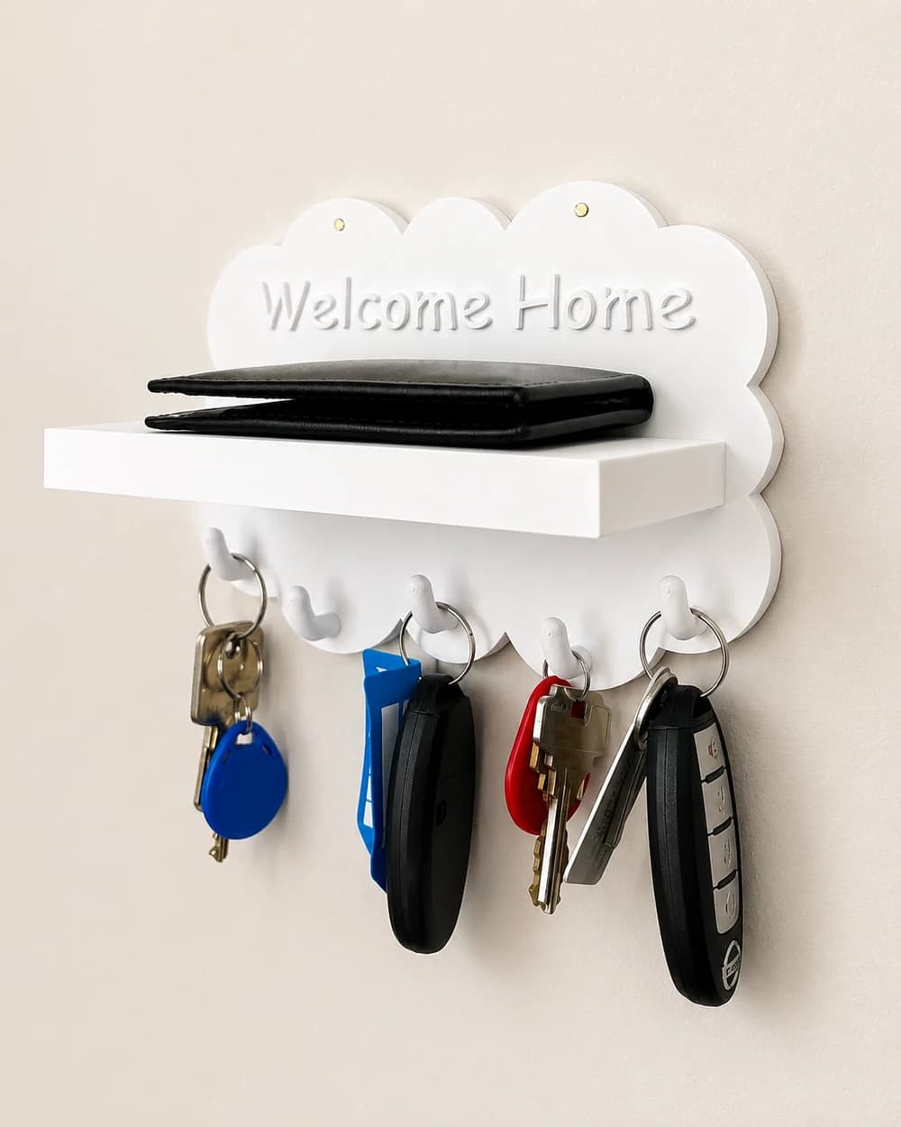 Porte-clés mural blanc en forme de nuage avec tablette